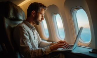 یک مرد در داخل هواپیما درحال کار با لپتاپ