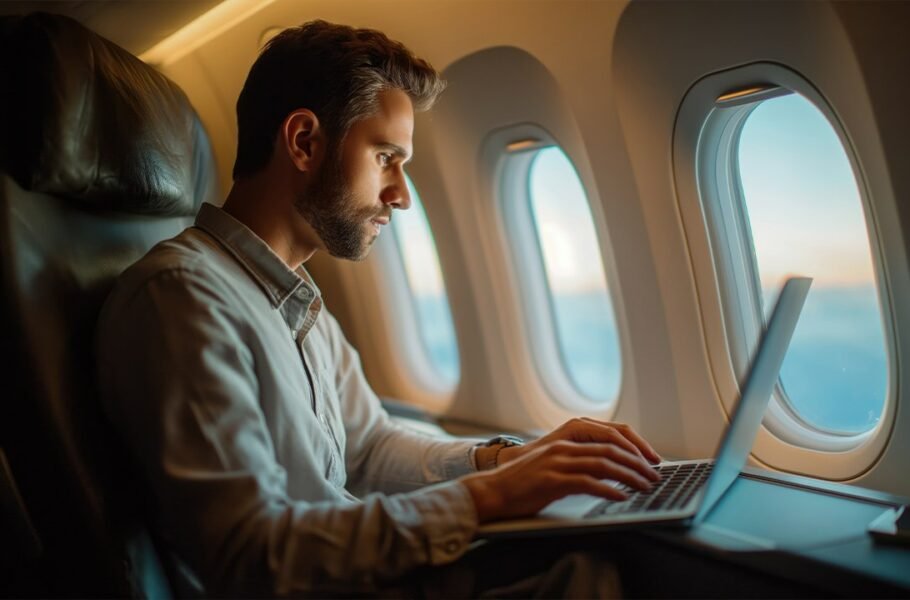 یک مرد در داخل هواپیما درحال کار با لپتاپ
