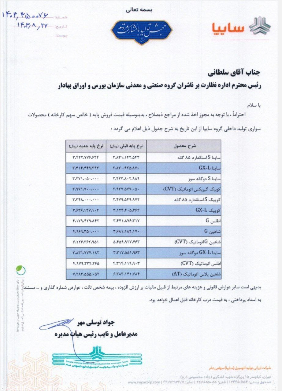 لیست قیمت محصولات سایپا
